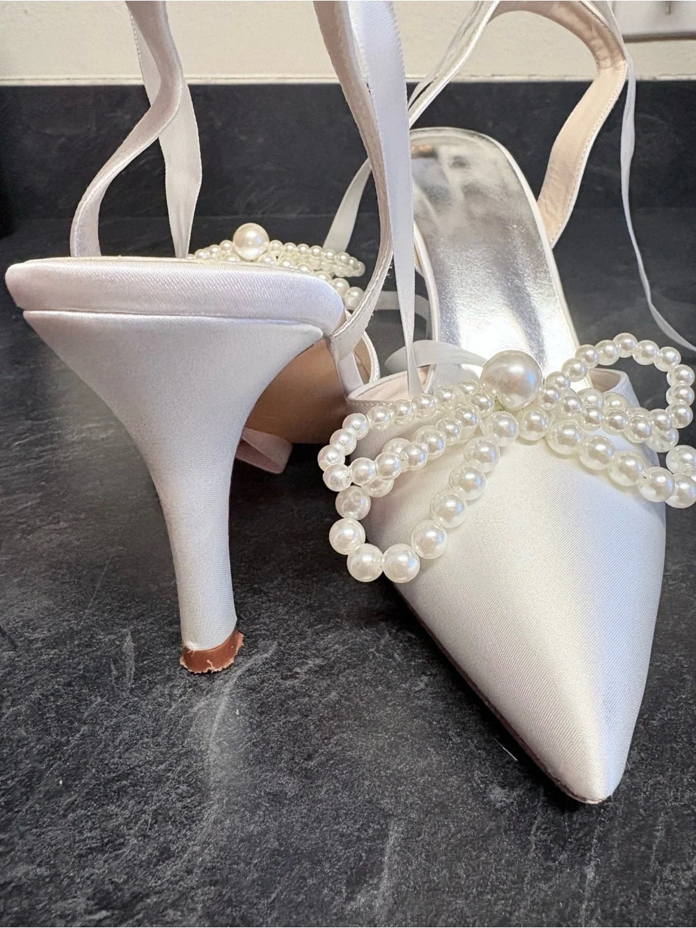 Pearl-Embellished Satin Pointed-Toe Pumps.